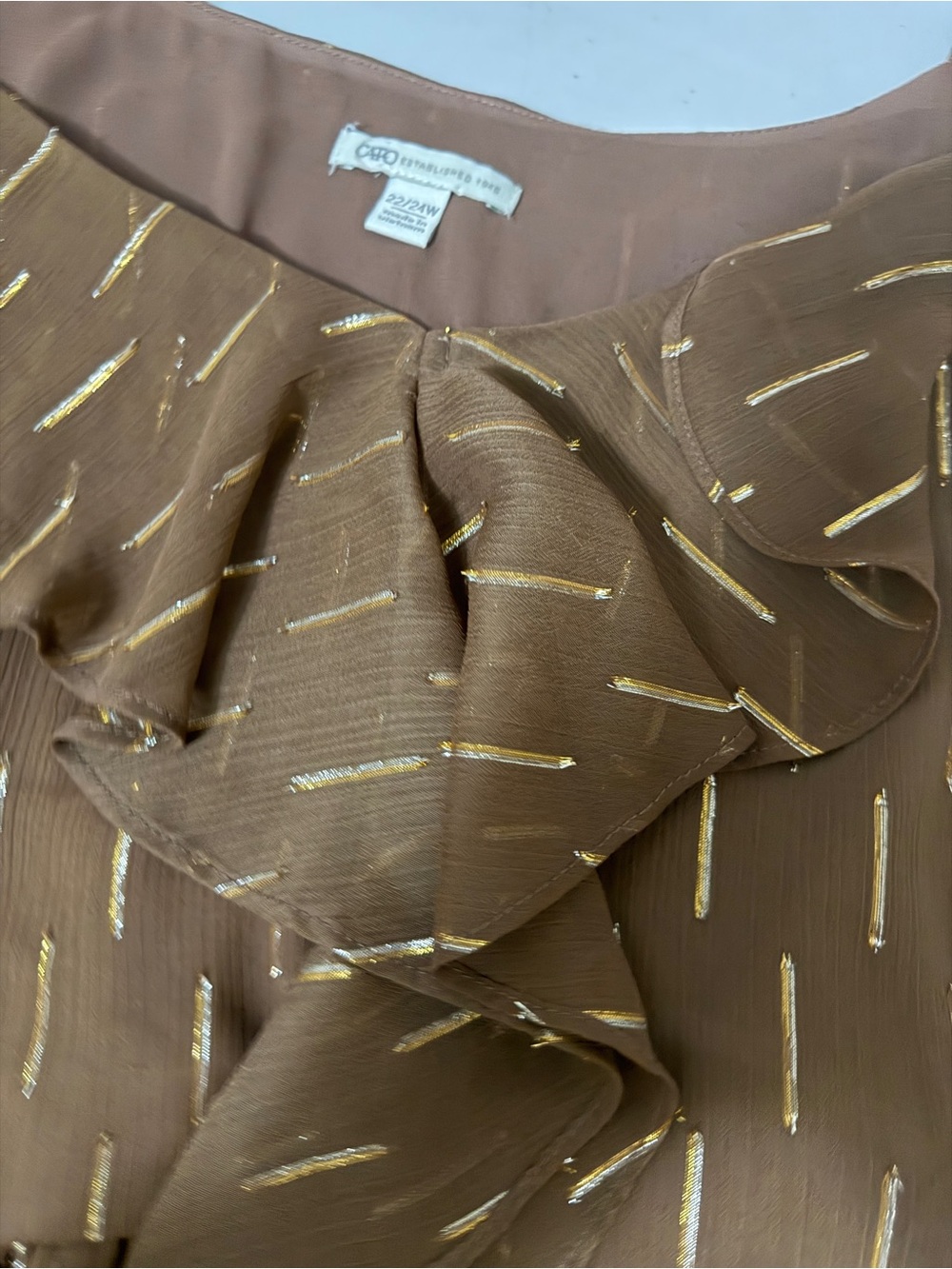 Cato Brown Ruffled Blouse with Gold Threading